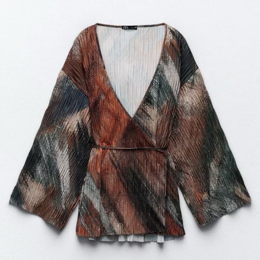 Zara Women's Waist Tie Blouse Top Long Sleeves V-Neck Kimono Size S - NWT $49